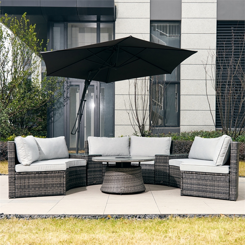 Grey 9-Piece Rattan Patio Sectional Sofa Set with Cushions and Coffee Table