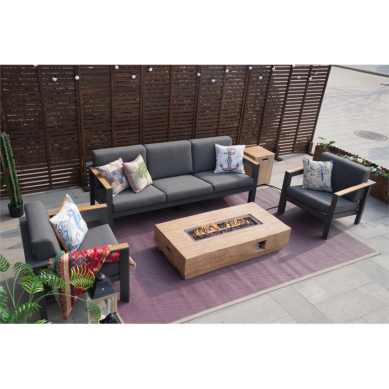 Gray Aluminum 5-Person Outdoor Seating Group with Cushions and Firepit