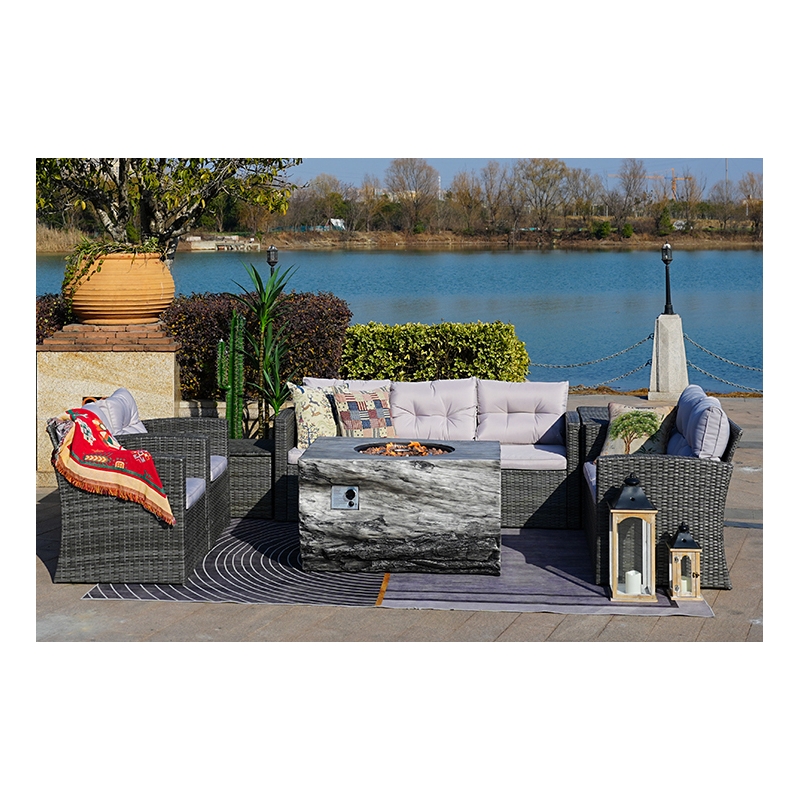 Gray Aluminum 7-Person Outdoor Seating Group with Cushions and Firepit