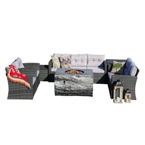 Gray Aluminum 7-Person Outdoor Seating Group with Cushions and Firepit