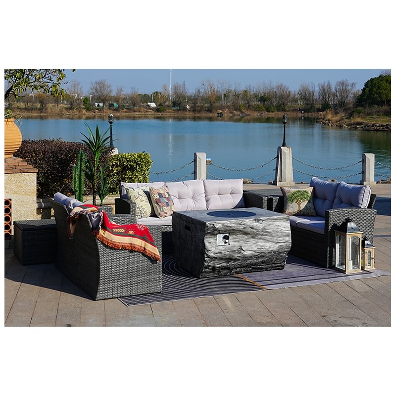 Gray Aluminum 7-Person Outdoor Seating Group with Cushions and Firepit