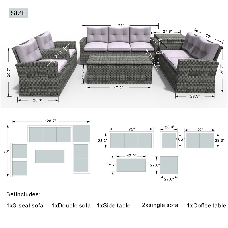 Gray Aluminum 7-Person Outdoor Seating Group with Cushions and Firepit
