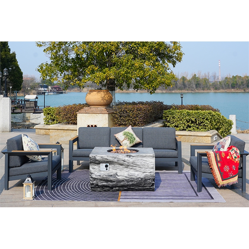 Gray Aluminum 5-Person Patio Outdoor Seating Group with Cushions and Firepit