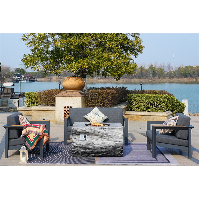 Gray Aluminum 4-Person Outdoor Seating Group with Firepit and Cushions