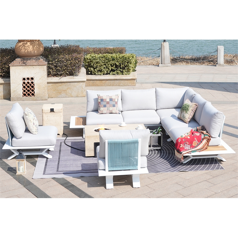 Patio White Aluminum 7-Person Outdoor Seating Group with Fire Pits