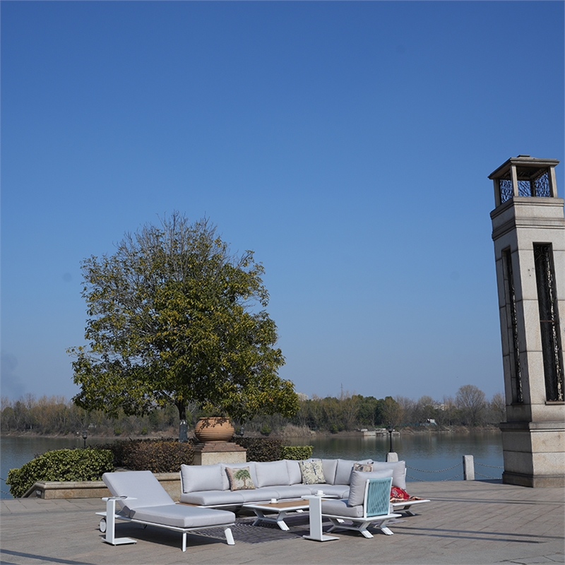 White Aluminum 8-Person Outdoor Seating Group with Gray Cushions