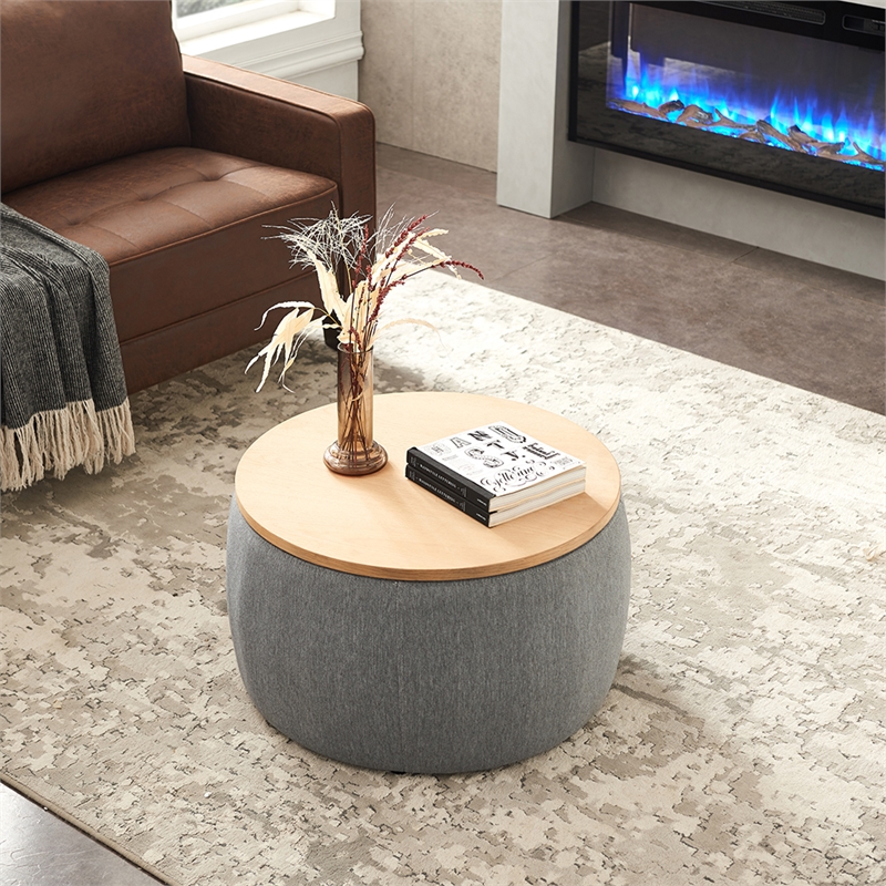 Round Fabric Storage Ottoman Work as End table and Ottoman in Dark Gray