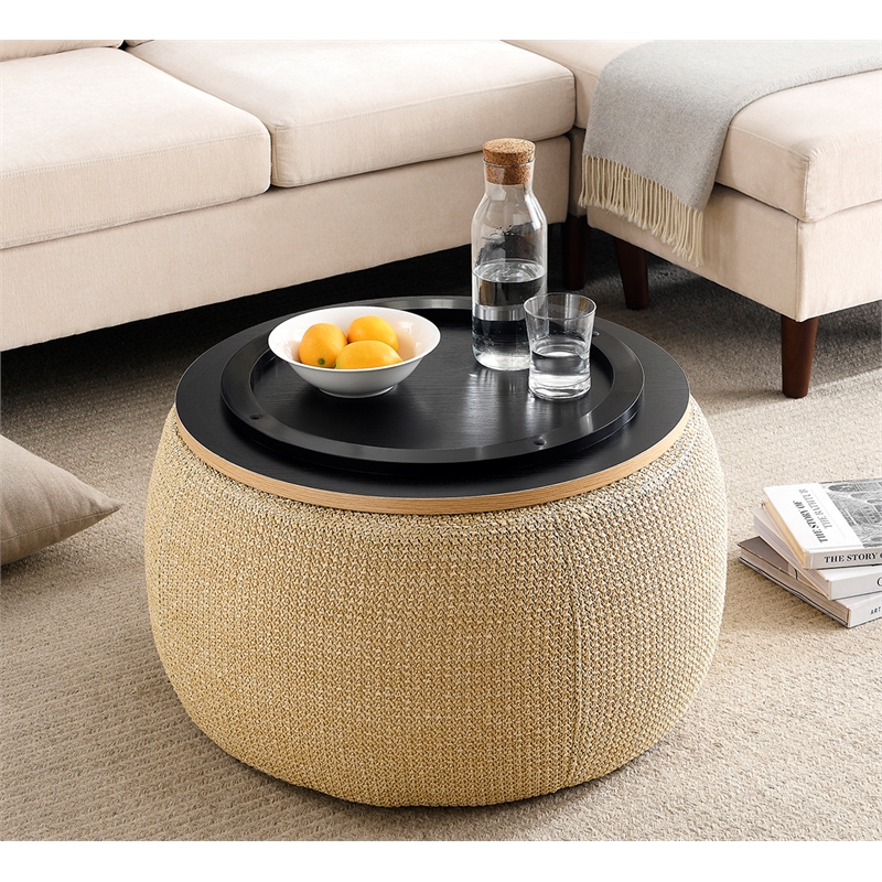 Direct Wicker Round Contemporary Plastic Storage Ottoman in Natural