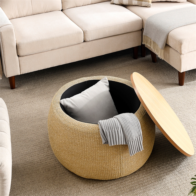 Direct Wicker Round Contemporary Plastic Storage Ottoman in Natural