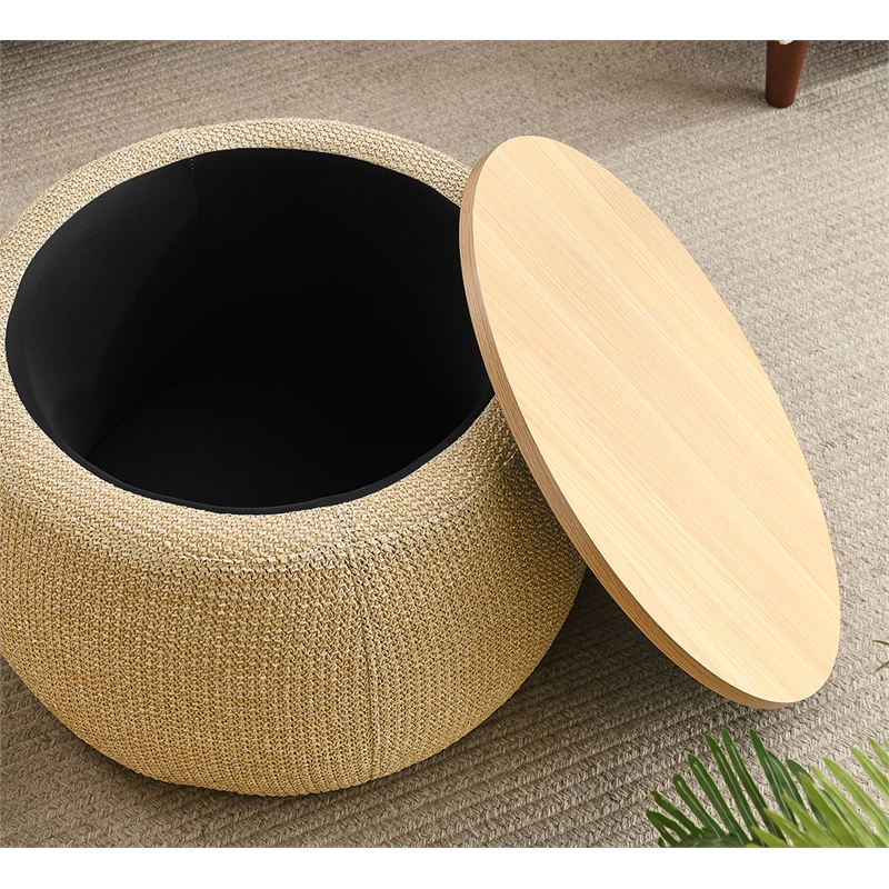 Direct Wicker Round Contemporary Plastic Storage Ottoman in Natural