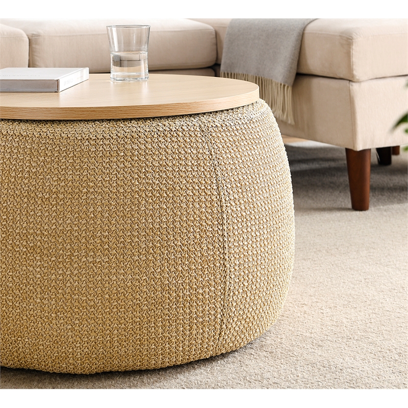 Direct Wicker Round Contemporary Plastic Storage Ottoman in Natural