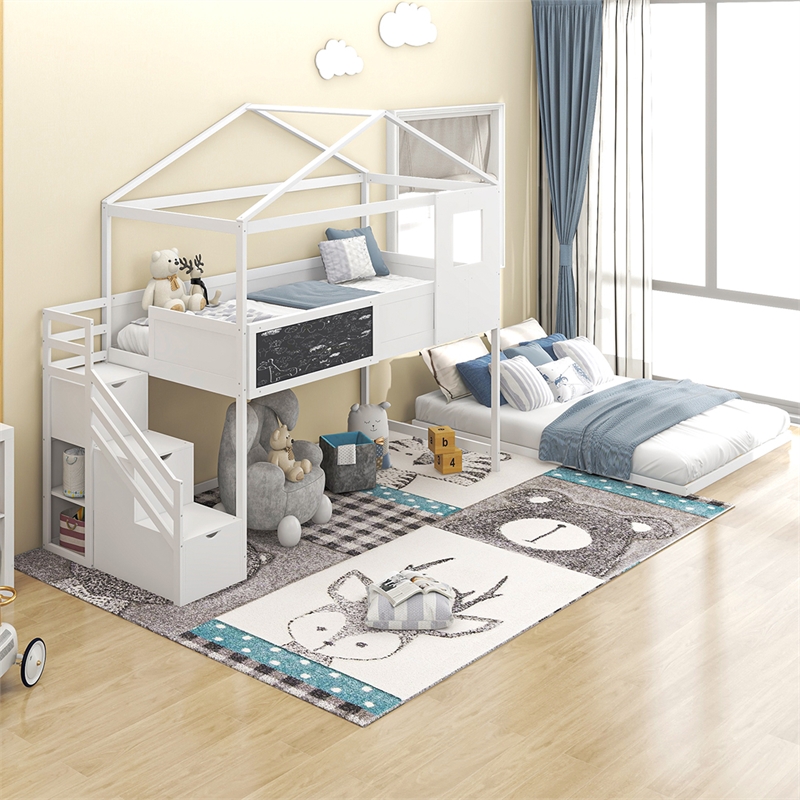 Twin over Full House Bunk Wood Bed with Storage Staircase and Blackboard White