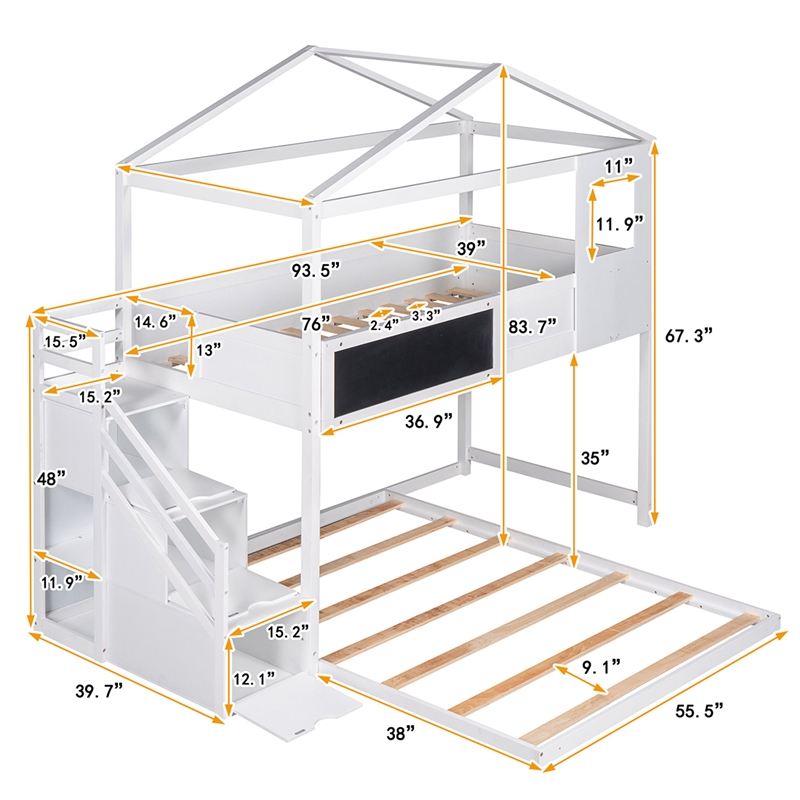 Twin over Full House Bunk Wood Bed with Storage Staircase and Blackboard White