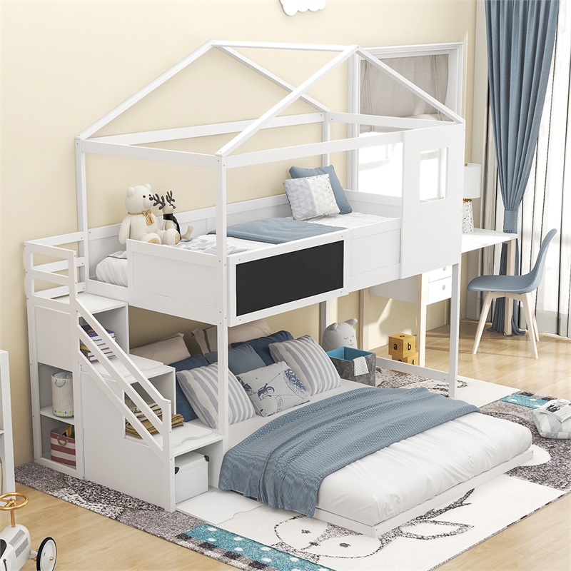Twin over Full House Bunk Wood Bed with Storage Staircase and Blackboard White