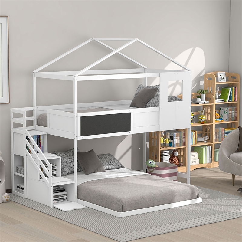 Twin over Full House Bunk Wood Bed with Storage Staircase and Blackboard White