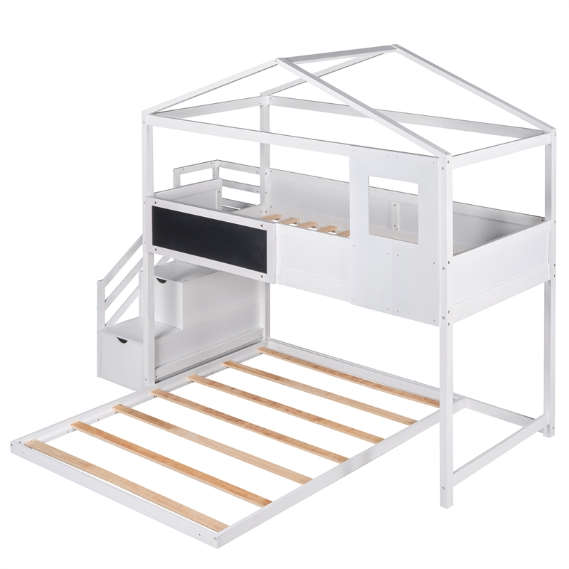 Twin over Full House Bunk Wood Bed with Storage Staircase and Blackboard White