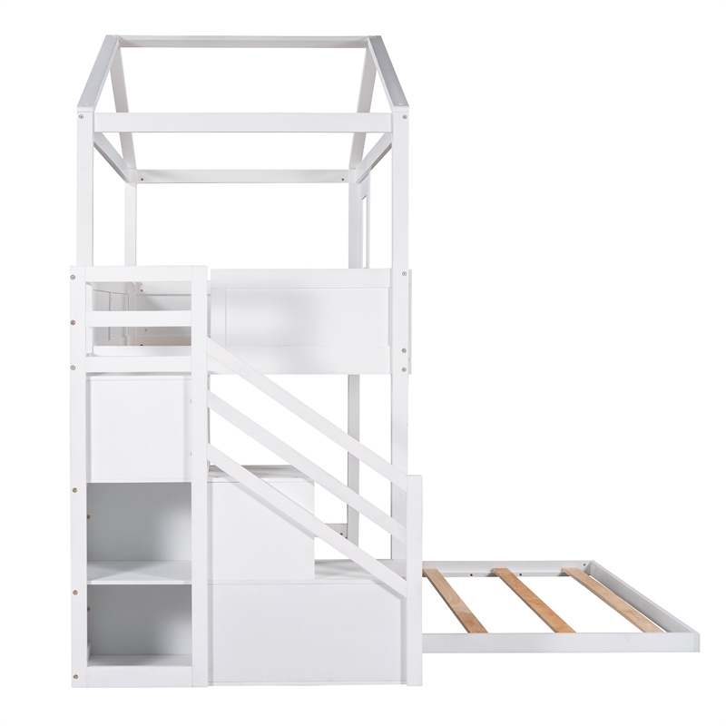 Twin over Full House Bunk Wood Bed with Storage Staircase and Blackboard White