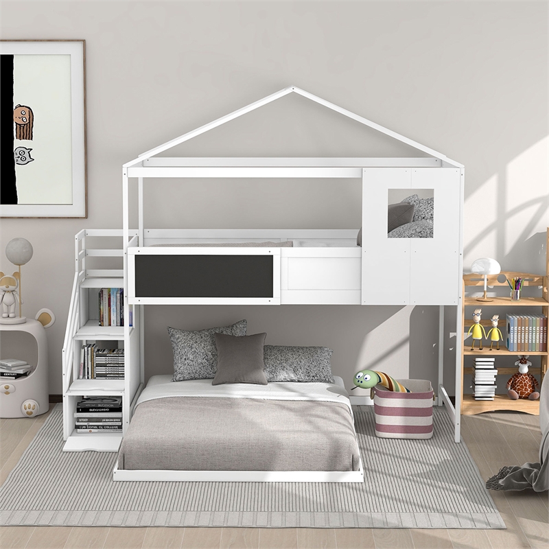 Twin over Full House Bunk Wood Bed with Storage Staircase and Blackboard White
