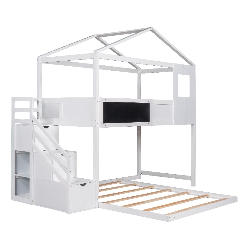 Twin over Full House Bunk Wood Bed with Storage Staircase and Blackboard White