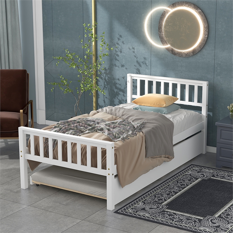 White Wood Twin Bed with Trundle Headboard and Footboard for Bedroom