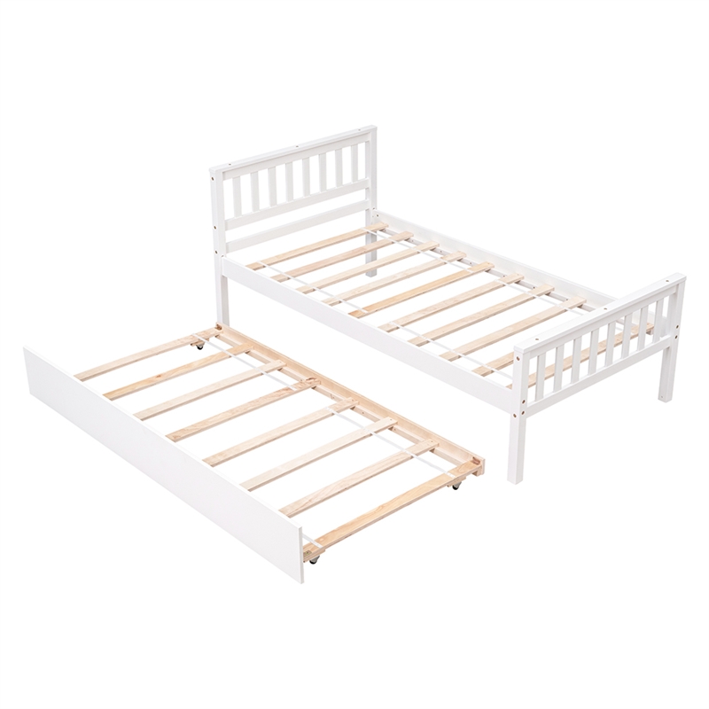 White Wood Twin Bed with Trundle Headboard and Footboard for Bedroom