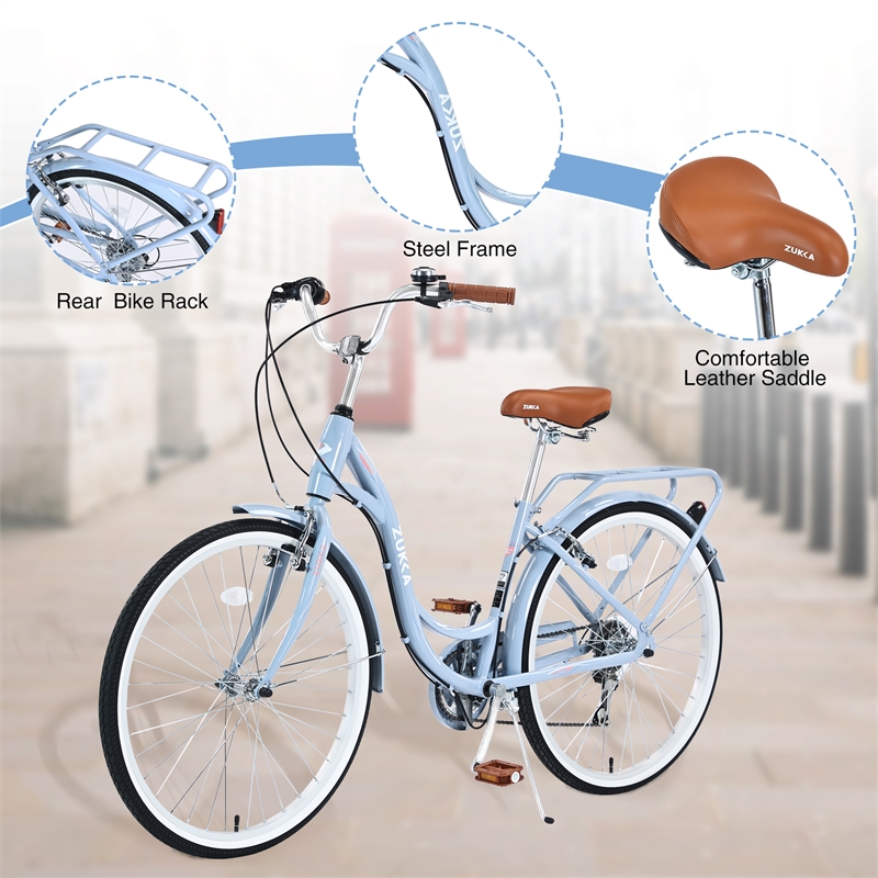 26 Inch Beach Cruiser Bike for Women 7 Speed with Perfect Fit Frame (Blue)