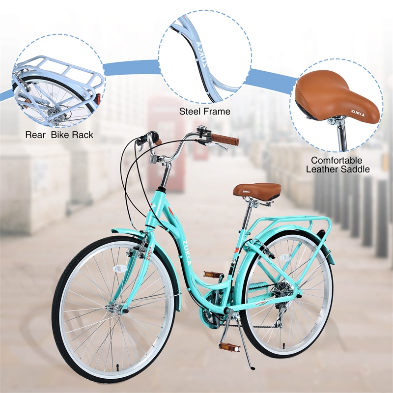 26 Inch Beach Cruiser Bike for Women 7 Speed with Perfect Fit Frame (Green)