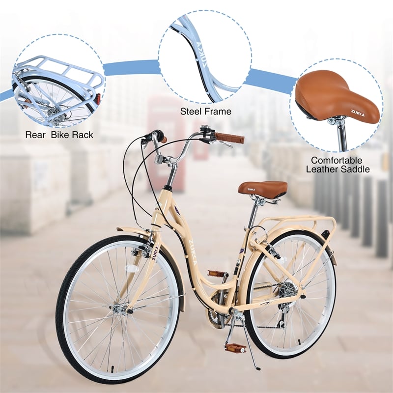 26 Inch Beach Cruiser Bike for Women 7 Speed with Perfect Fit Frame (Beige)