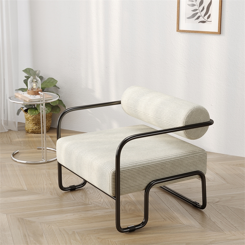 Living Room Sling Accent Armchair Metal Sofa Chair Balcony Leisure Chair(Beige)