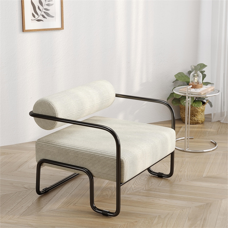 Living Room Sling Accent Armchair Metal Sofa Chair Balcony Leisure Chair(Beige)