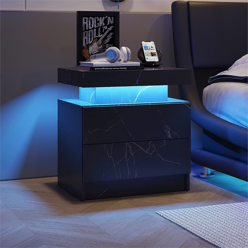 Nightstands with 2 Drawers LED Bedside Table Cabinet for Bedroom - Black Gold