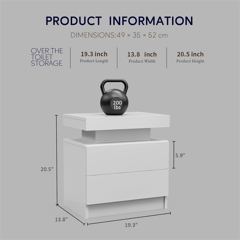Nightstands with 2 Drawers LED Bedside Table Cabinet for Bedroom - White
