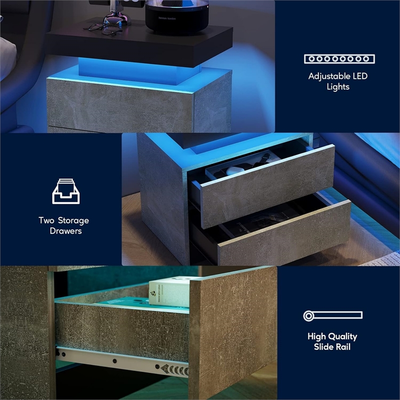 Nightstands with 2 Drawers LED Bedside Table Cabinet for Bedroom - Gray