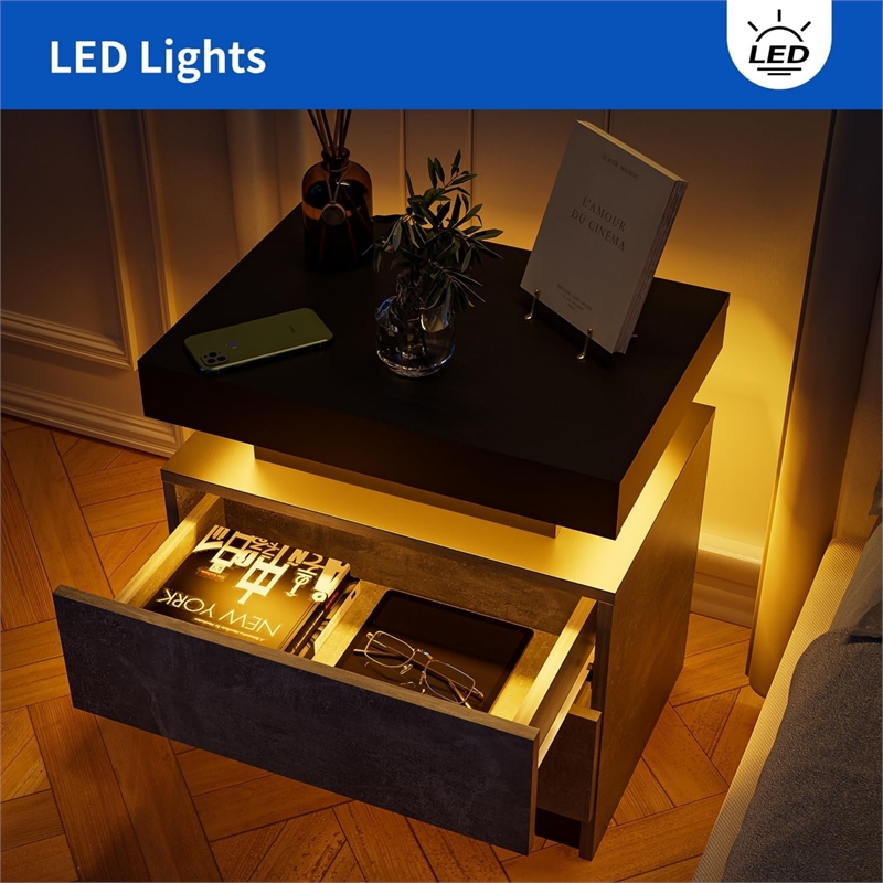 Nightstands with 2 Drawers LED Bedside Table Cabinet for Bedroom - Gray