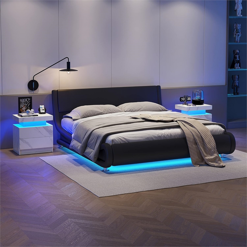Nightstands with 2 Drawers LED Bedside Table Cabinet for Bedroom - Matte White