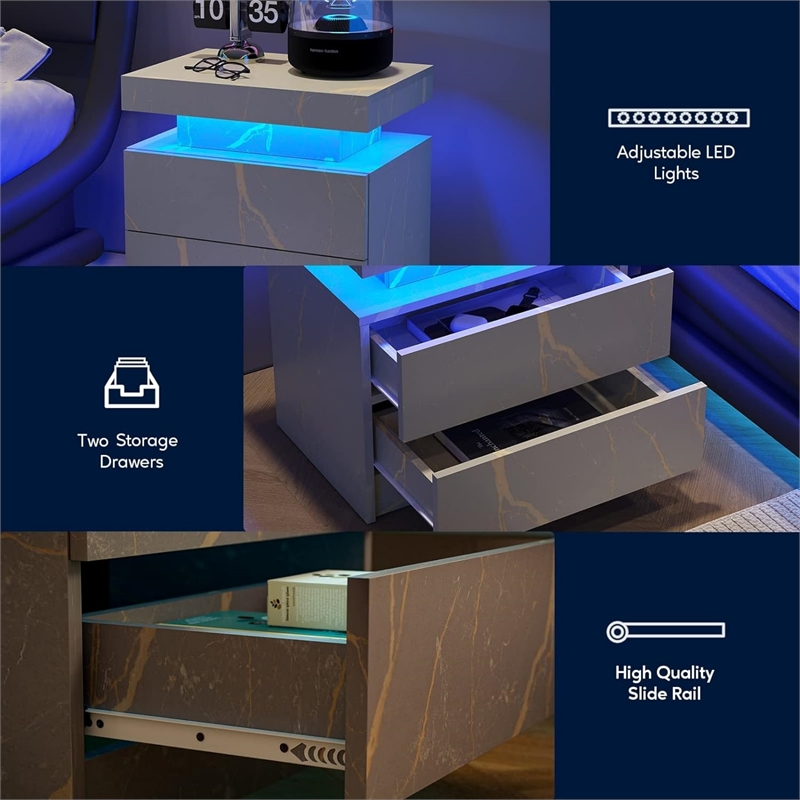 Nightstands with 2 Drawers LED Bedside Table Cabinet for Bedroom - Gray Gold