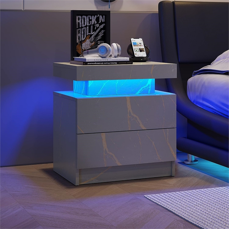 Nightstands with 2 Drawers LED Bedside Table Cabinet for Bedroom - Gray Gold