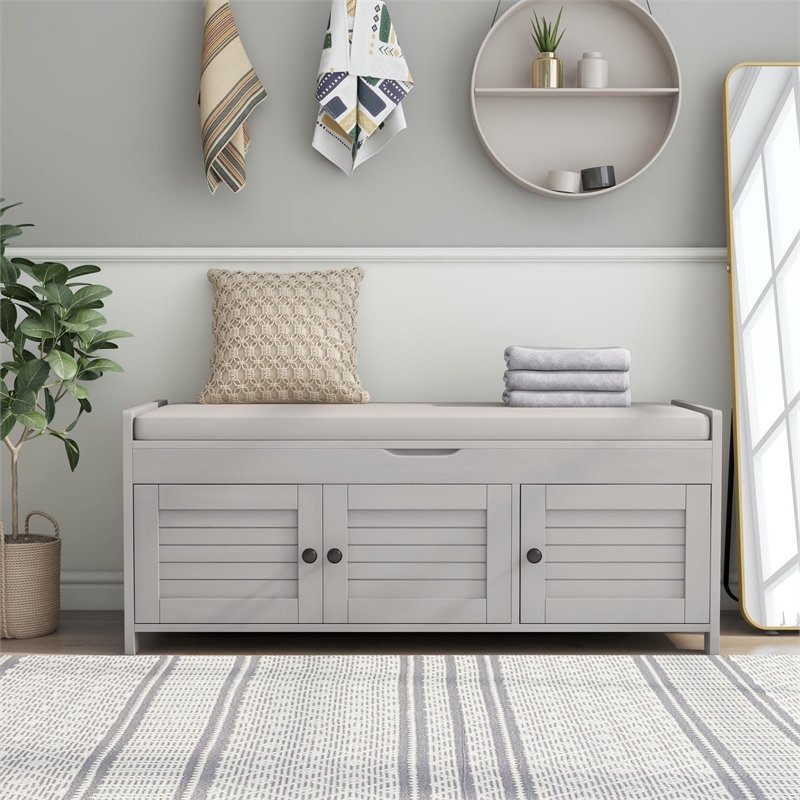 Wood Storage Bench with Removable Cushion and 3 Shutter-Shaped Doors (Gray Wash)