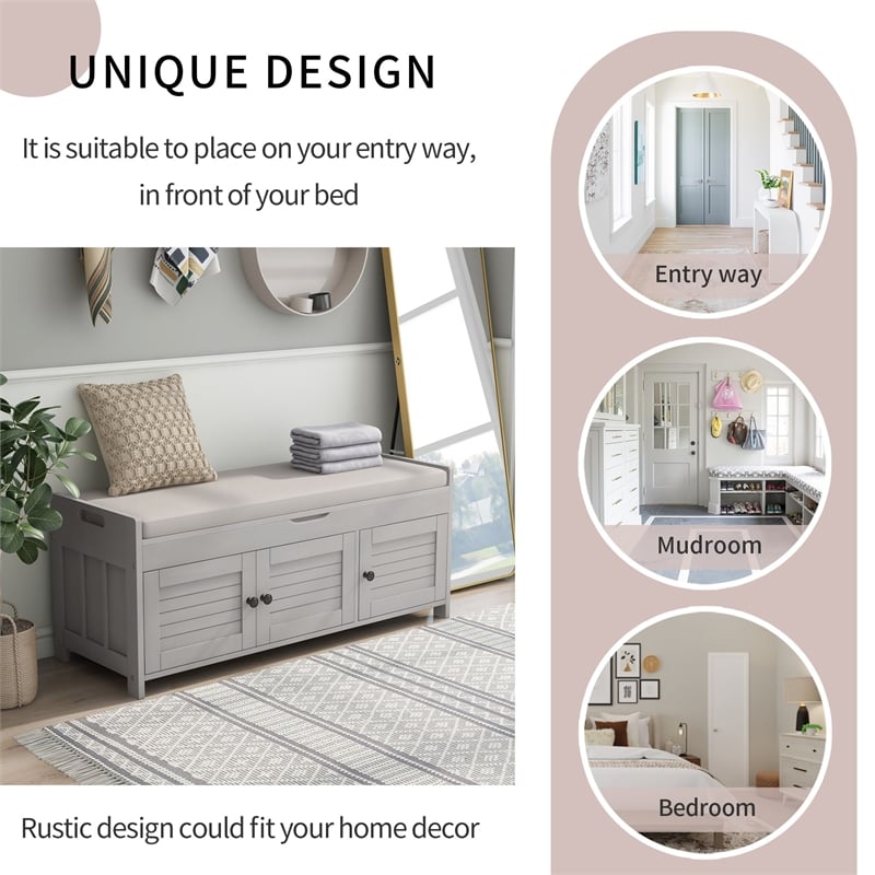 Wood Storage Bench with Removable Cushion and 3 Shutter-Shaped Doors (Gray Wash)