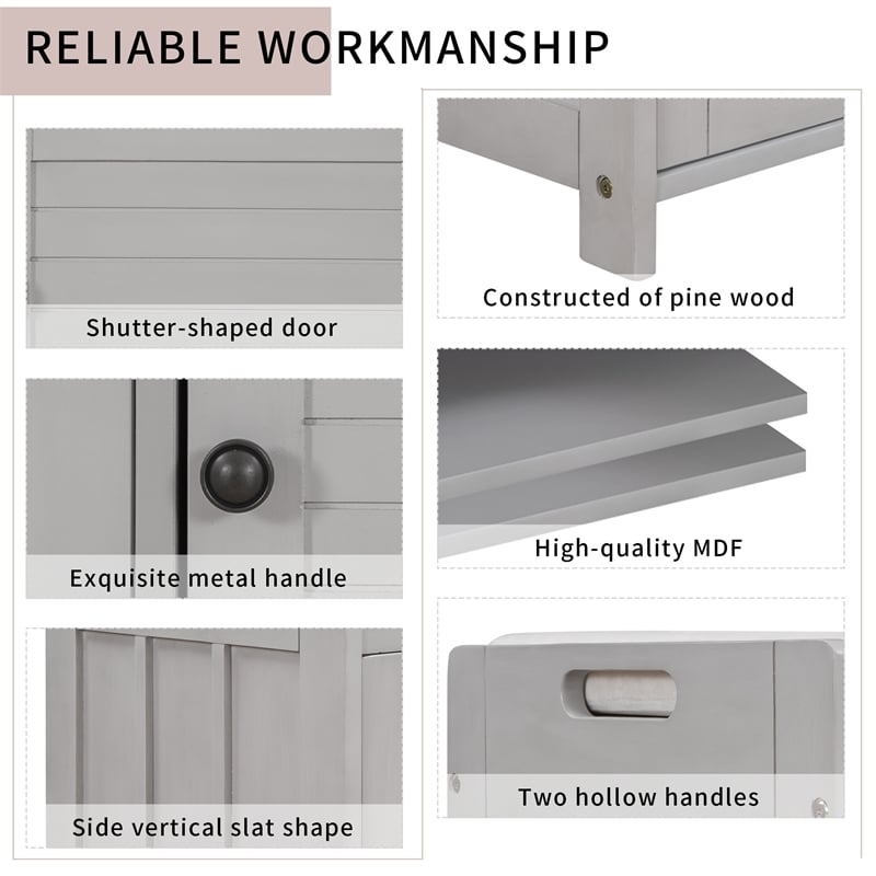 Wood Storage Bench with Removable Cushion and 3 Shutter-Shaped Doors (Gray Wash)