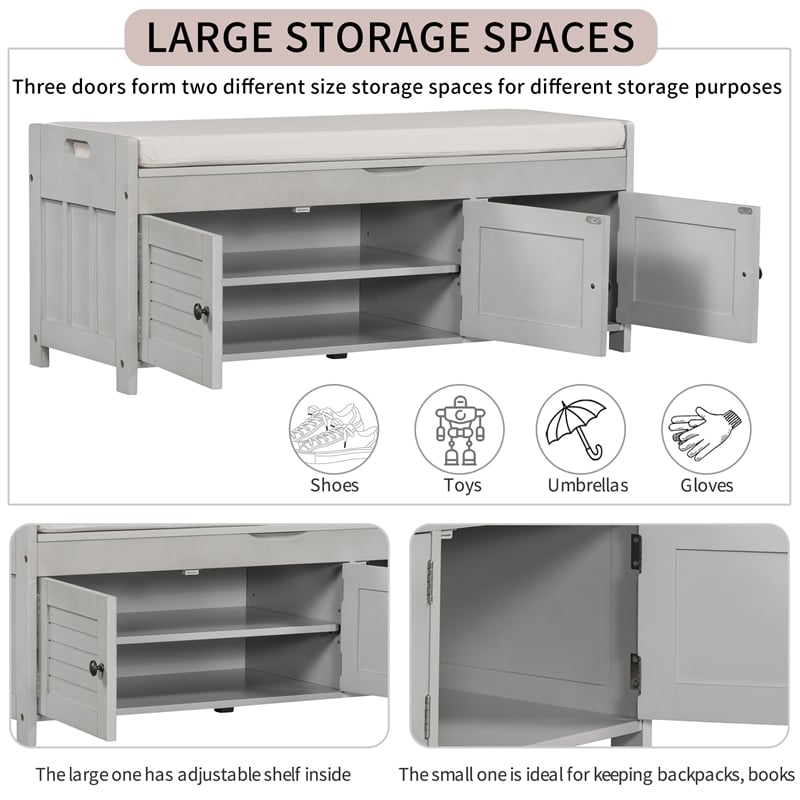 Wood Storage Bench with Removable Cushion and 3 Shutter-Shaped Doors (Gray Wash)