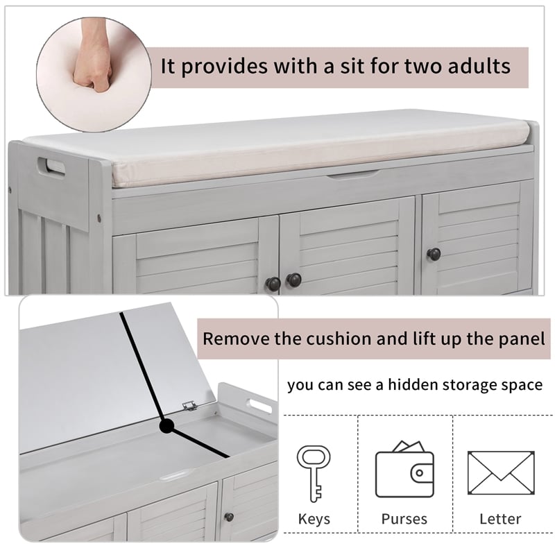 Wood Storage Bench with Removable Cushion and 3 Shutter-Shaped Doors (Gray Wash)