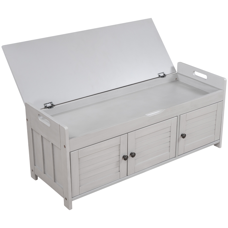 Wood Storage Bench with Removable Cushion and 3 Shutter-Shaped Doors (Gray Wash)