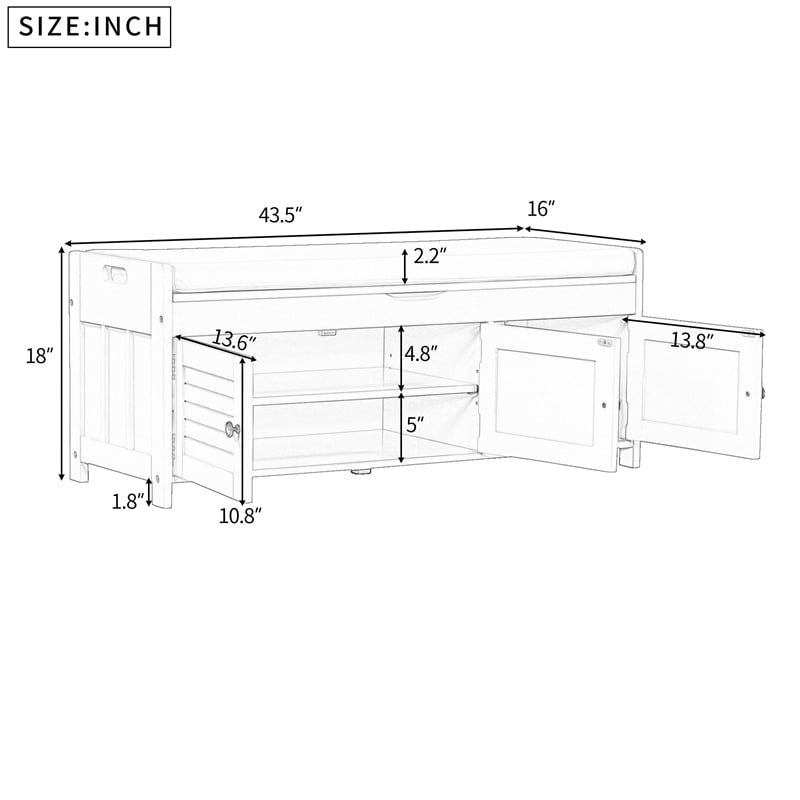 Wood Storage Bench with Removable Cushion and 3 Shutter-Shaped Doors (Gray Wash)