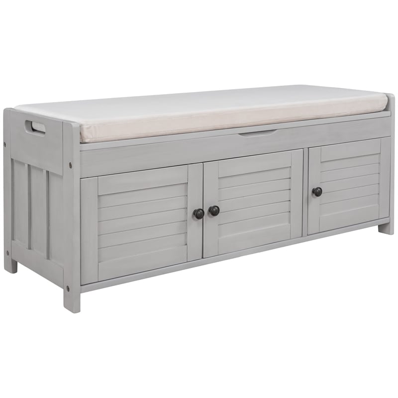 Wood Storage Bench with Removable Cushion and 3 Shutter-Shaped Doors (Gray Wash)