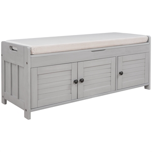 Wood Storage Bench with Removable Cushion and 3 Shutter-Shaped Doors (Gray Wash)