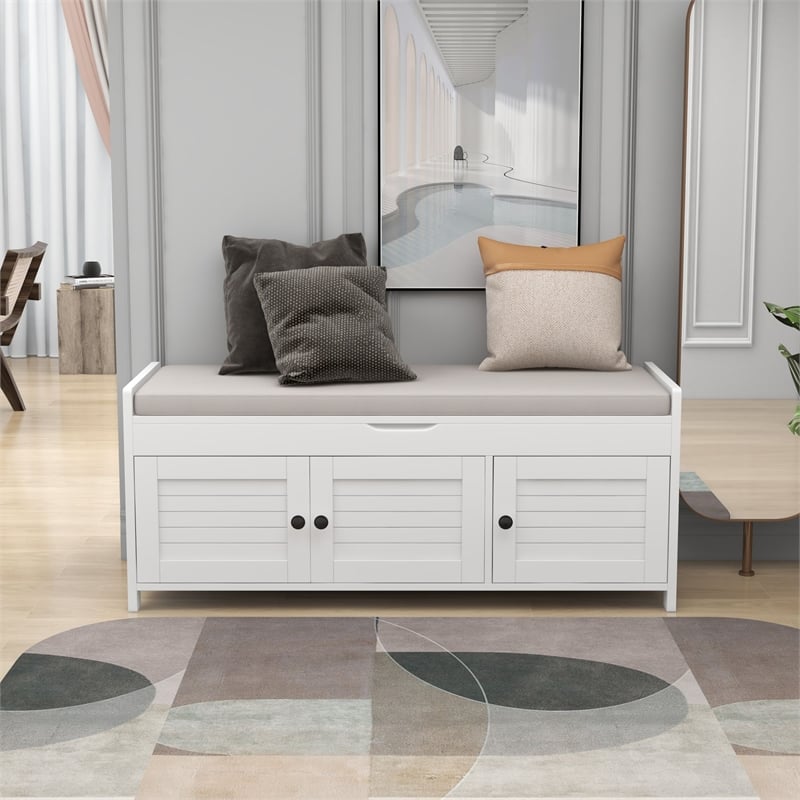Wood Storage Bench with Removable Cushion and 3 Shutter-Shaped Doors (White)