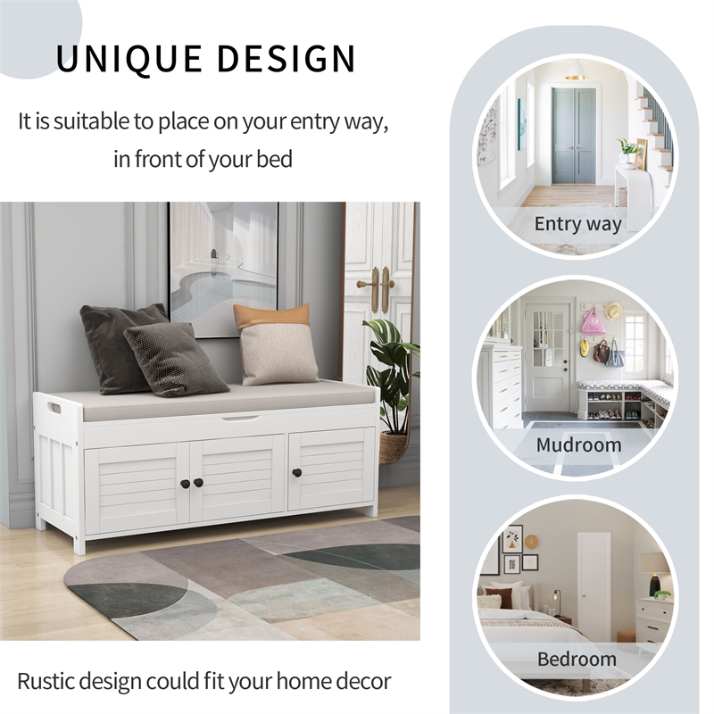 Wood Storage Bench with Removable Cushion and 3 Shutter-Shaped Doors (White)