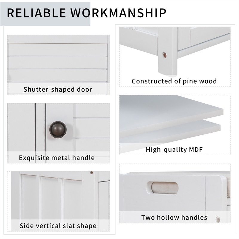 Wood Storage Bench with Removable Cushion and 3 Shutter-Shaped Doors (White)