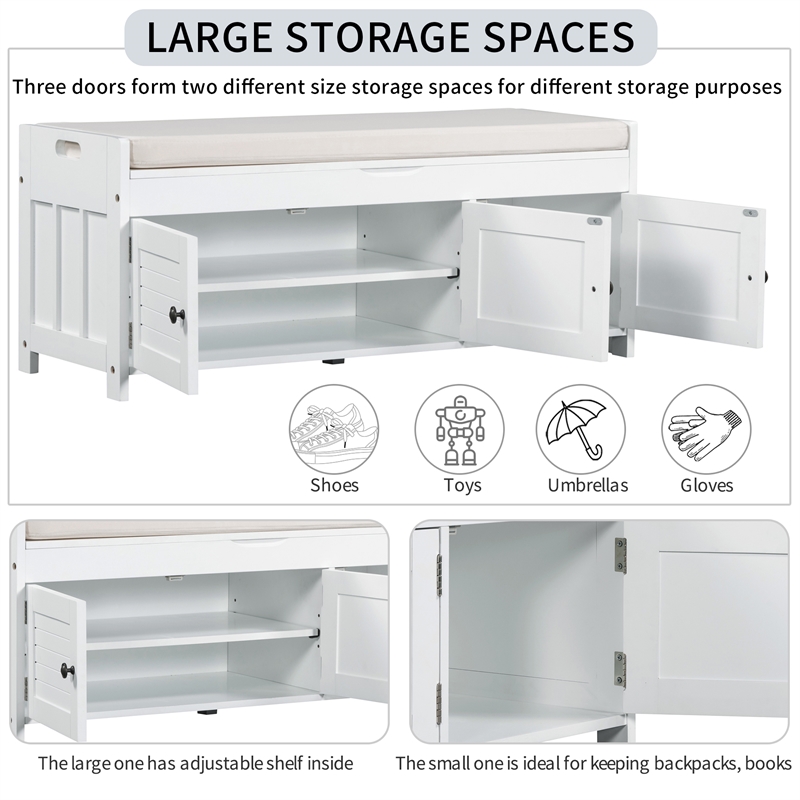 Wood Storage Bench with Removable Cushion and 3 Shutter-Shaped Doors (White)